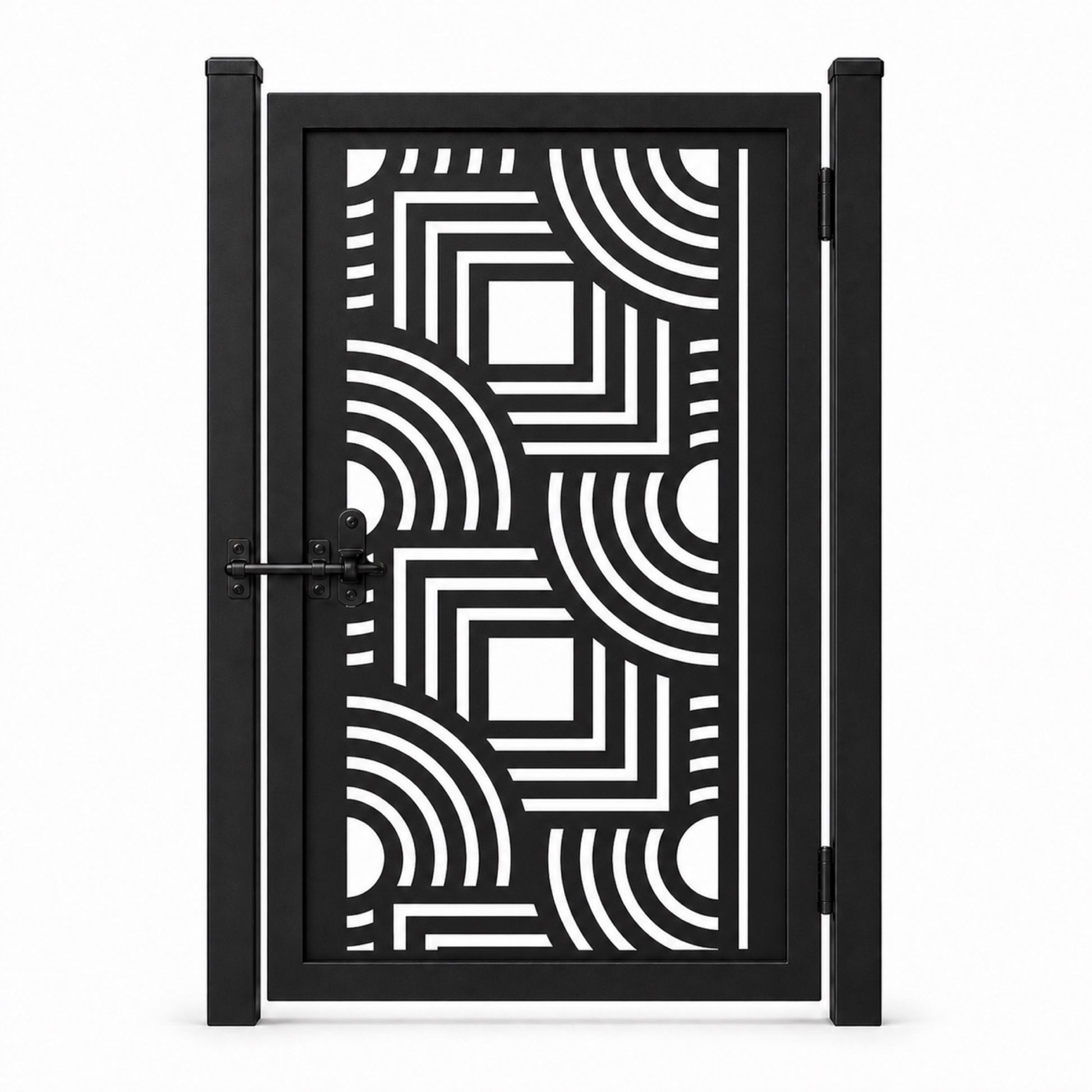 Design 026 block arc black laser cut metal pedestrian gate closed view