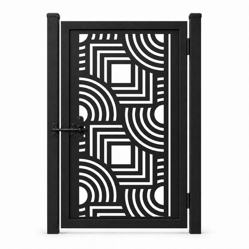 Design 026 block arc black laser cut metal pedestrian gate closed view
