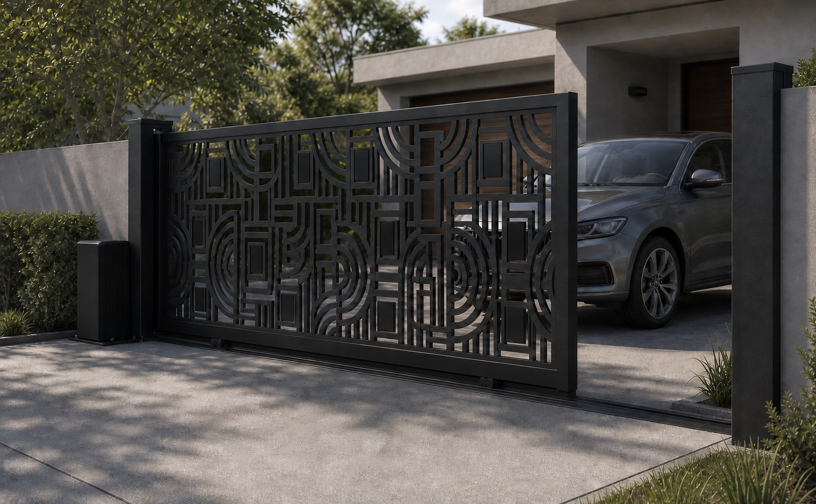 Design 026 modern cutout automatic aluminium sliding driveway gate shown half open with car clearance