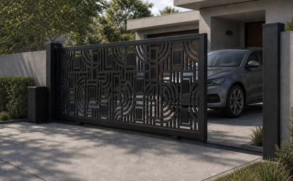 Design 026 modern cutout automatic aluminium sliding driveway gate shown half open with car clearance