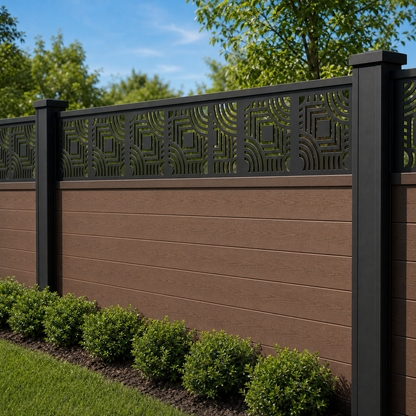 Rivet Leaf Tile laser cut fence extension panel installed on composite fence, angle view, Design 026