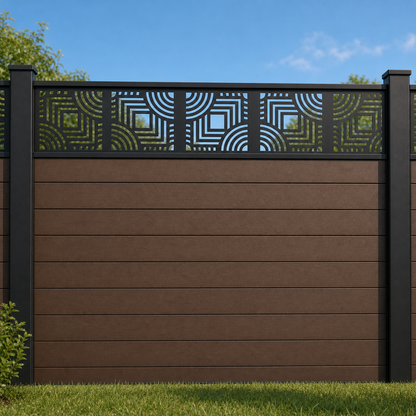 Rivet Leaf Tile metal fence topper installed above WPC composite privacy fence, front view, Design 026