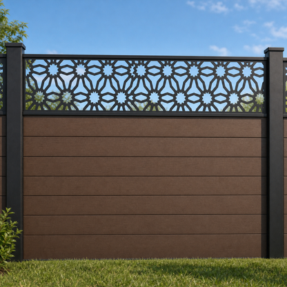 Daisy Arch Trellis metal fence topper installed above WPC composite privacy fence, front view, Design 027