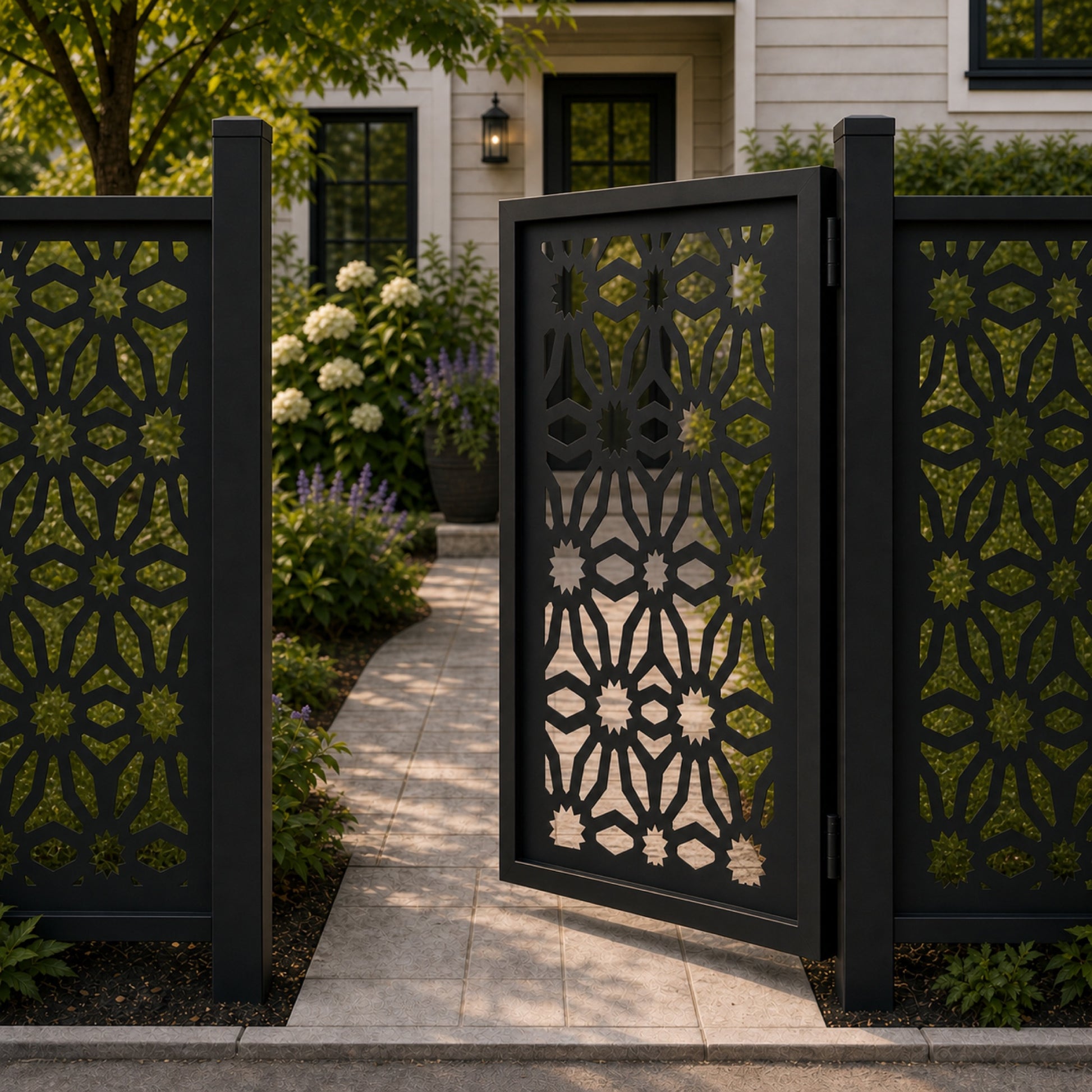 Design 027 star floral shield black aluminium side gate open view