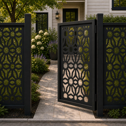 Design 027 star floral shield black aluminium side gate open view