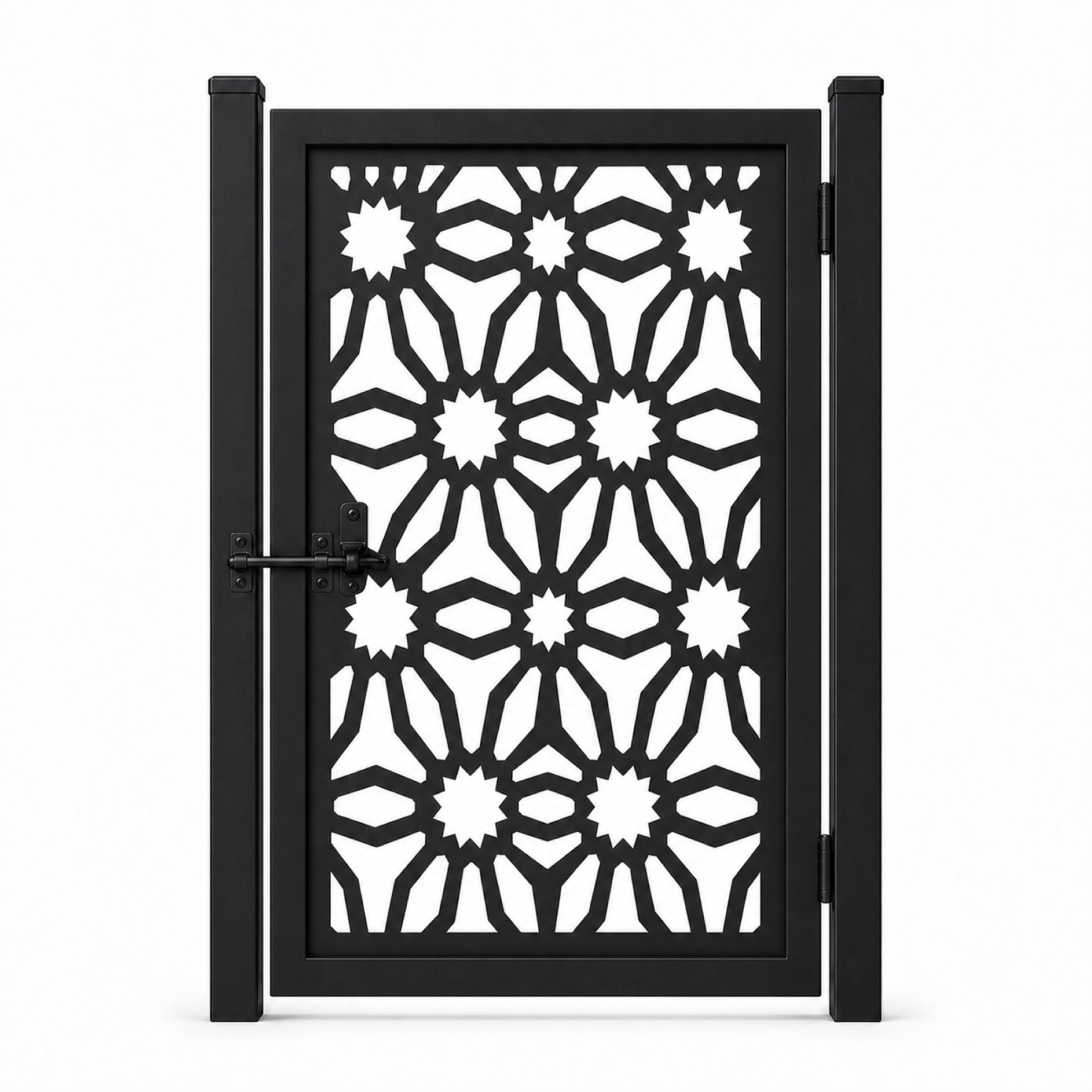Design 027 star floral shield black laser cut metal pedestrian gate closed view