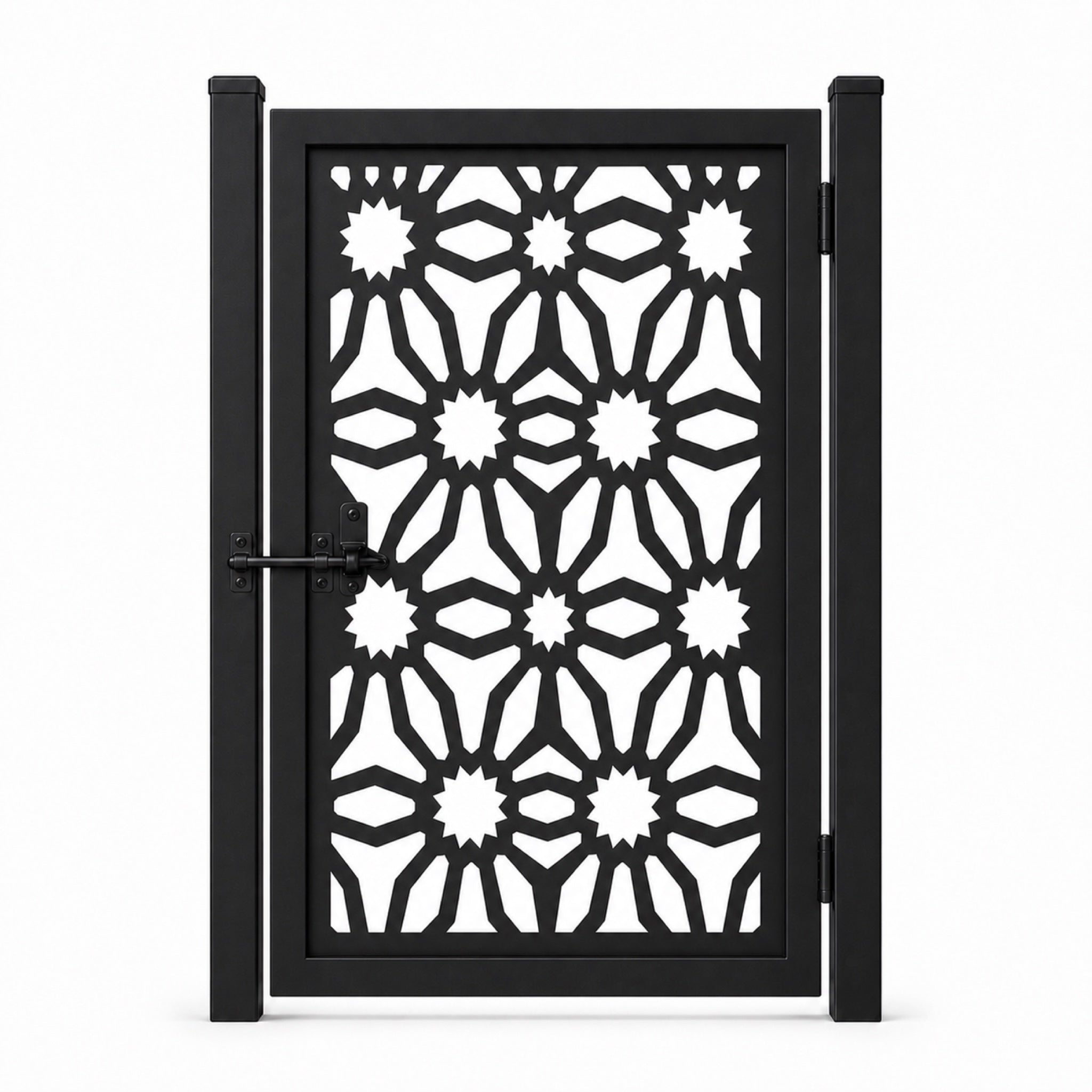 Design 027 star floral shield black laser cut metal pedestrian gate closed view