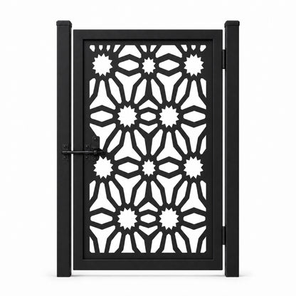Design 027 star floral shield black laser cut metal pedestrian gate closed view