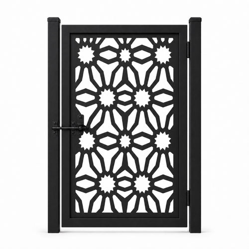 Design 027 star floral shield black laser cut metal pedestrian gate closed view