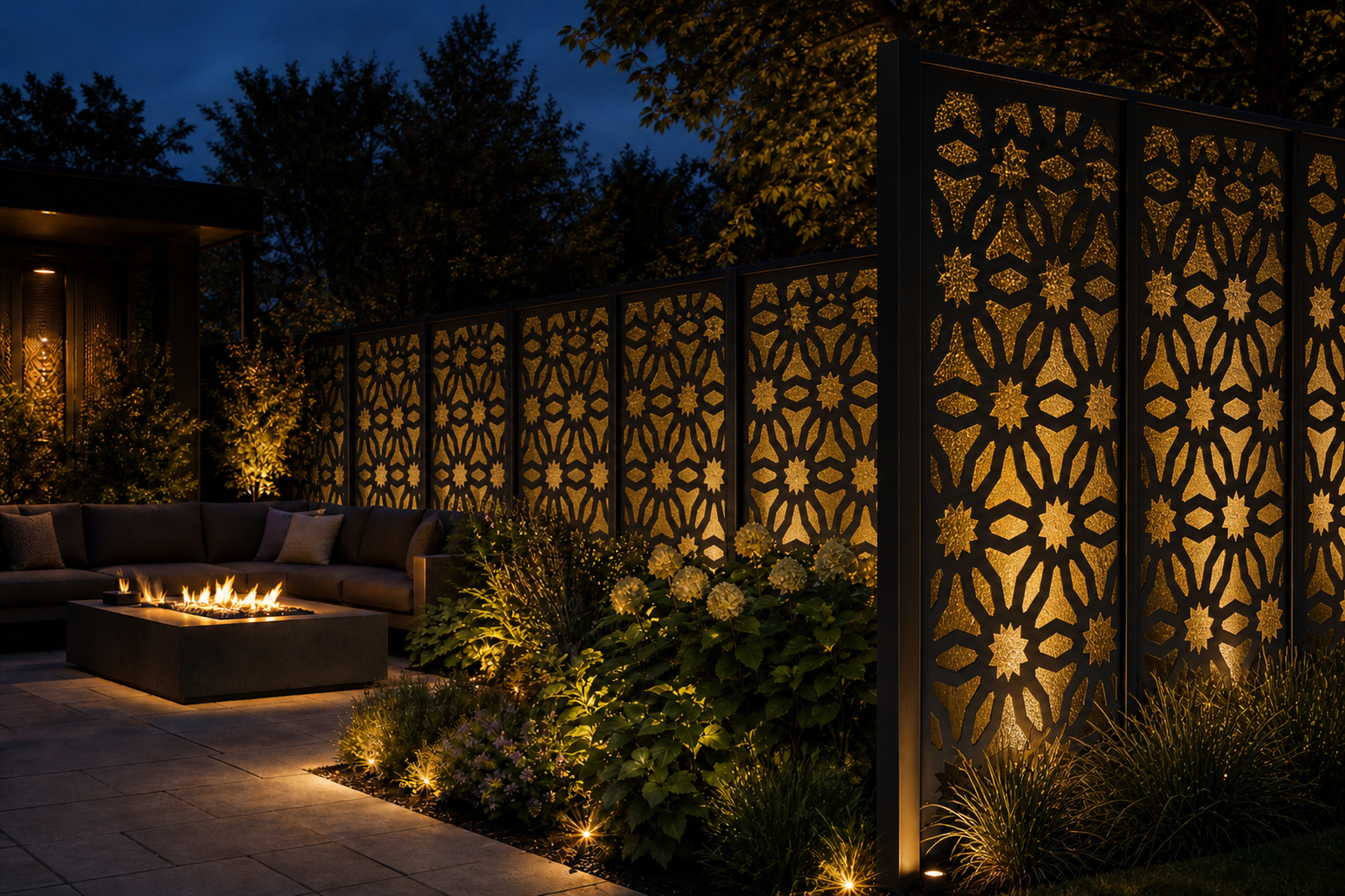 Design 027 Sunflower Lattice Laser Cut Metal Privacy Screen Panel installed garden night lighting view