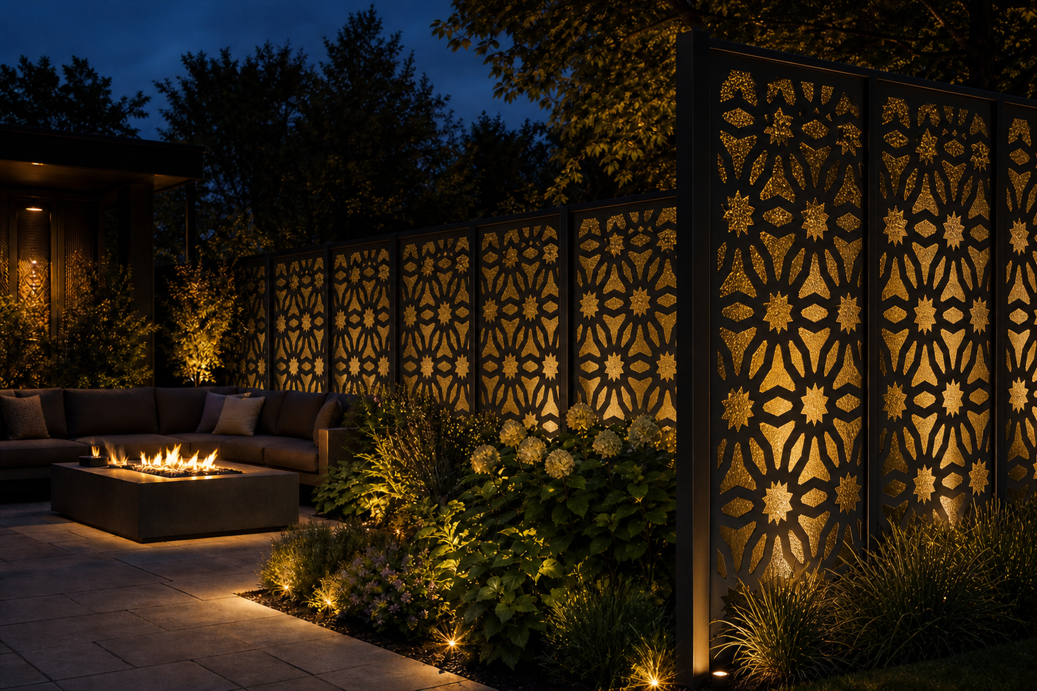 Design 027 Sunflower Lattice Laser Cut Metal Privacy Screen Panel installed garden night lighting view