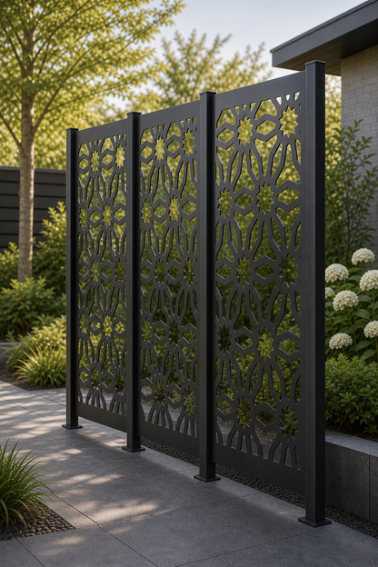 Design 027 Sunflower Lattice Laser Cut Metal Privacy Screen Panel oblique angle view