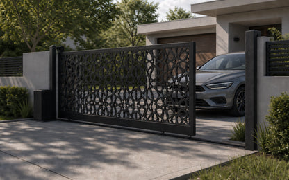 Design 027 wide privacy automatic aluminium sliding driveway gate shown half open with car clearance