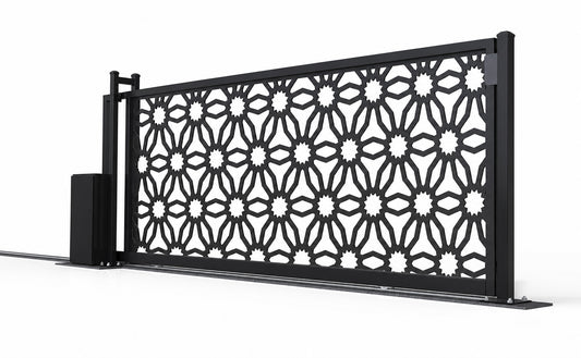 Design 027 wide privacy laser cut sliding driveway gate white background product render