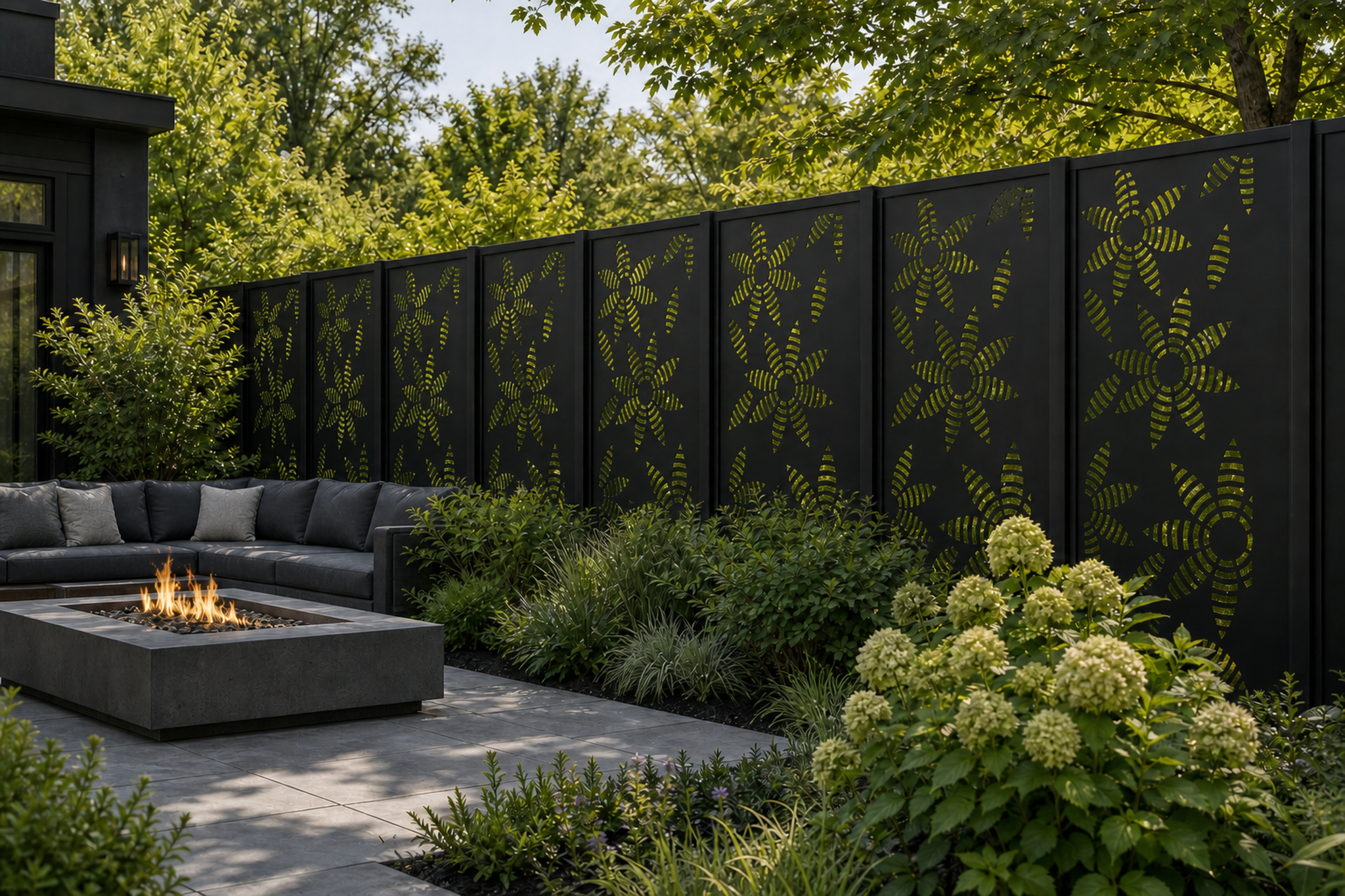 Design 028 Radial Leaf Fans Laser Cut Metal Privacy Screen Panel installed garden daylight view