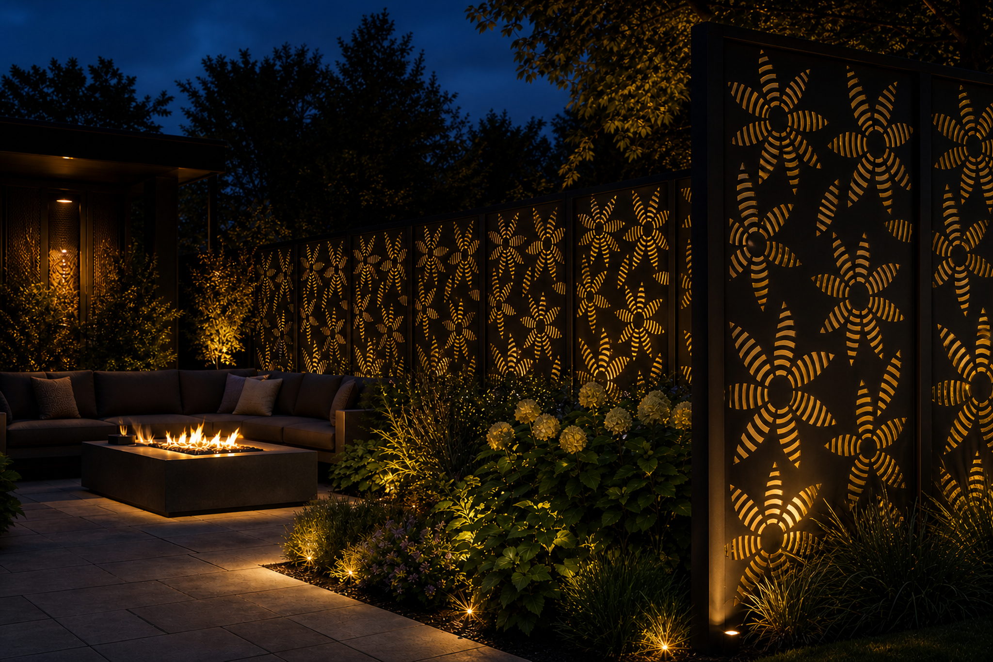 Design 028 Radial Leaf Fans Laser Cut Metal Privacy Screen Panel installed garden night lighting view