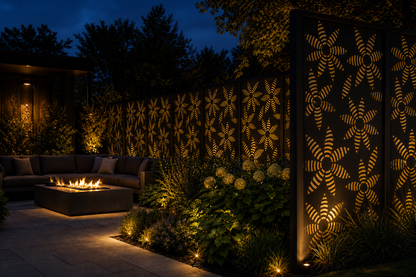 Design 028 Radial Leaf Fans Laser Cut Metal Privacy Screen Panel installed garden night lighting view
