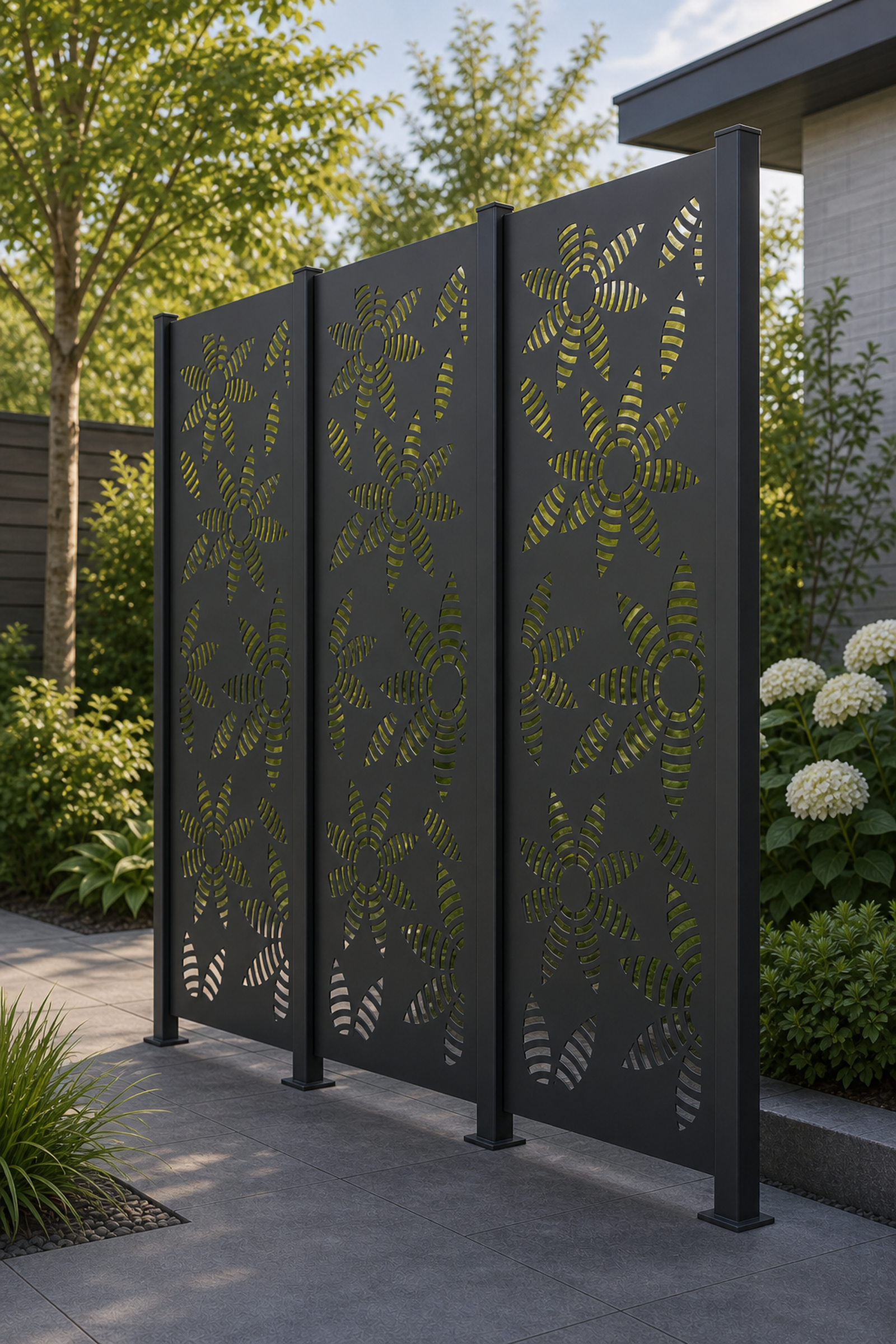 Design 028 Radial Leaf Fans Laser Cut Metal Privacy Screen Panel oblique angle view