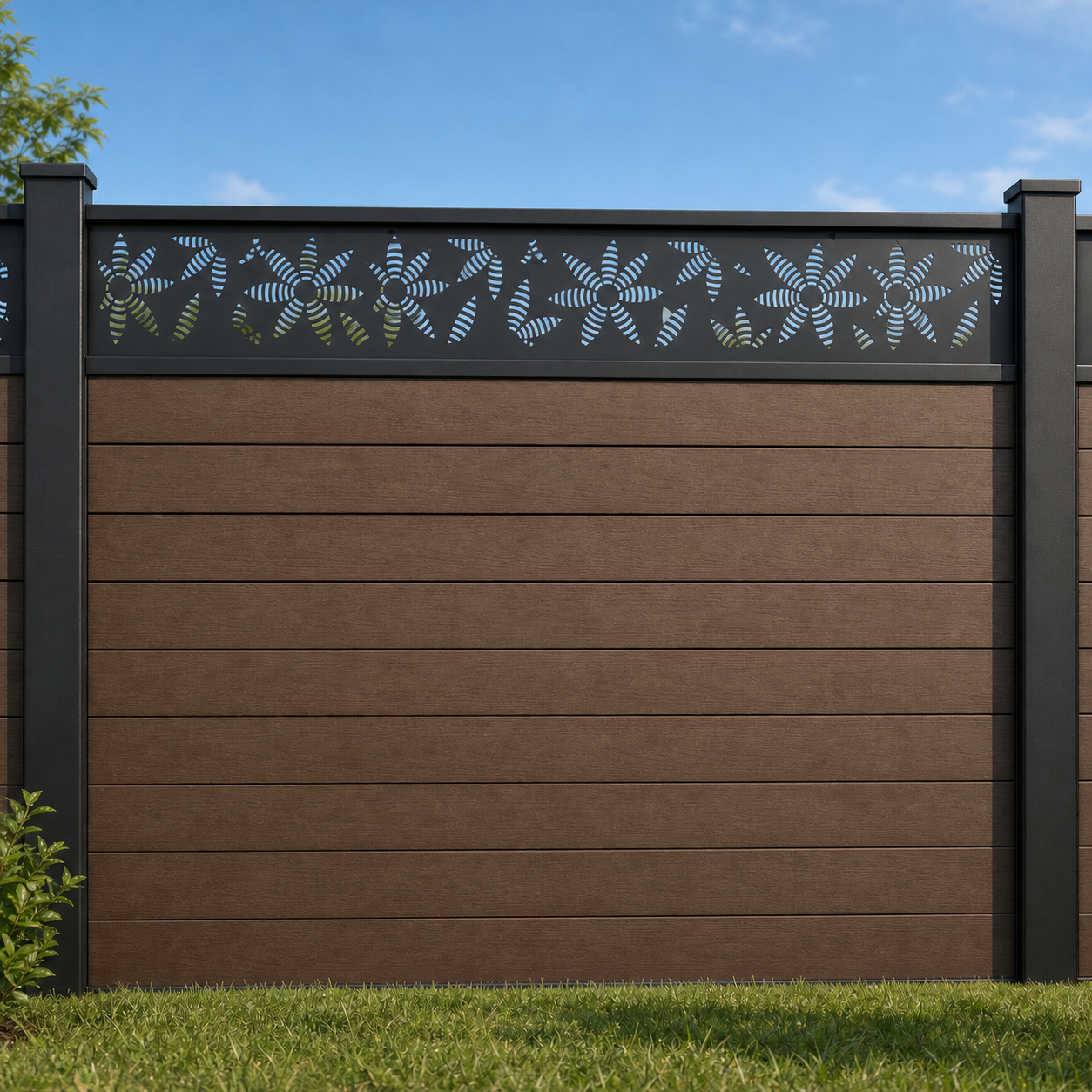 Star Jasmine Border metal fence topper installed above WPC composite privacy fence, front view, Design 028