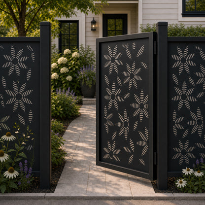 Design 028 striped sunflower black aluminium side gate open view