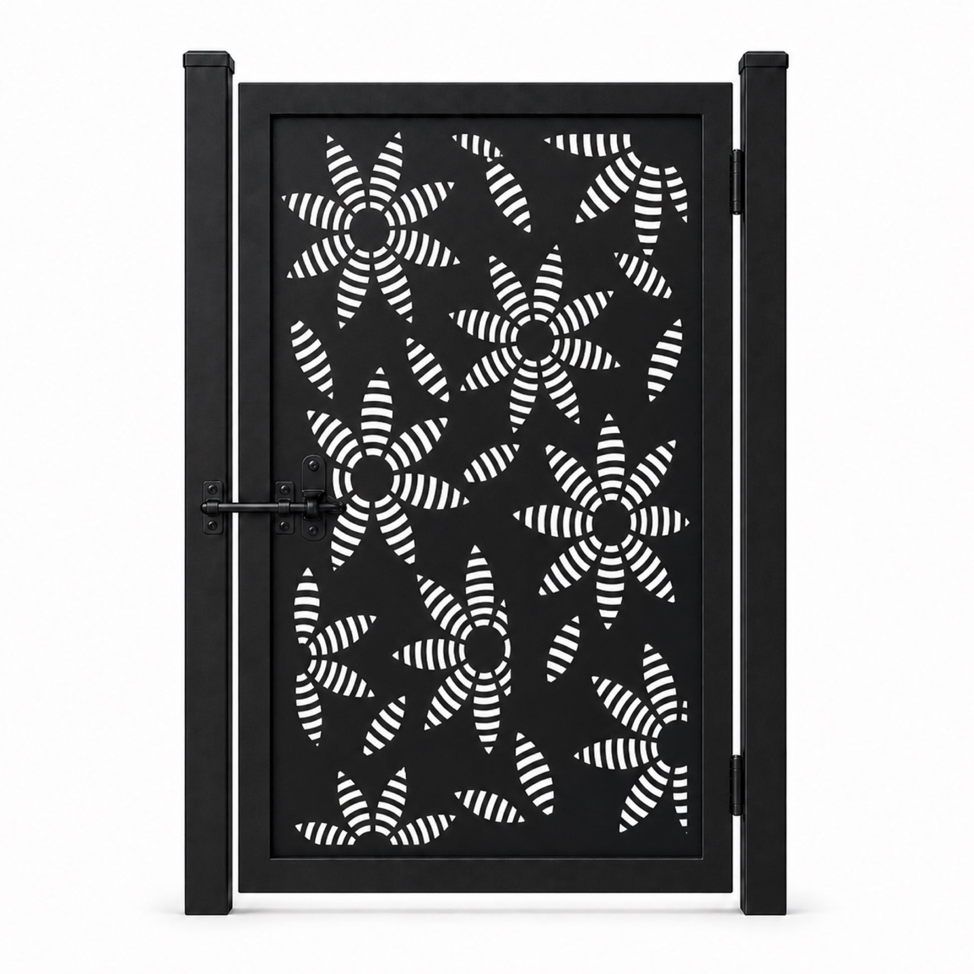 Design 028 striped sunflower black laser cut metal pedestrian gate closed view