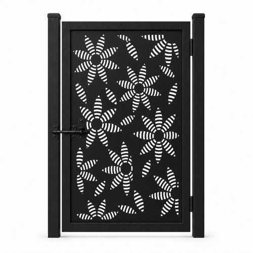 Design 028 striped sunflower black laser cut metal pedestrian gate closed view