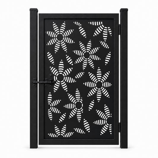 Design 028 striped sunflower black laser cut metal pedestrian gate closed view
