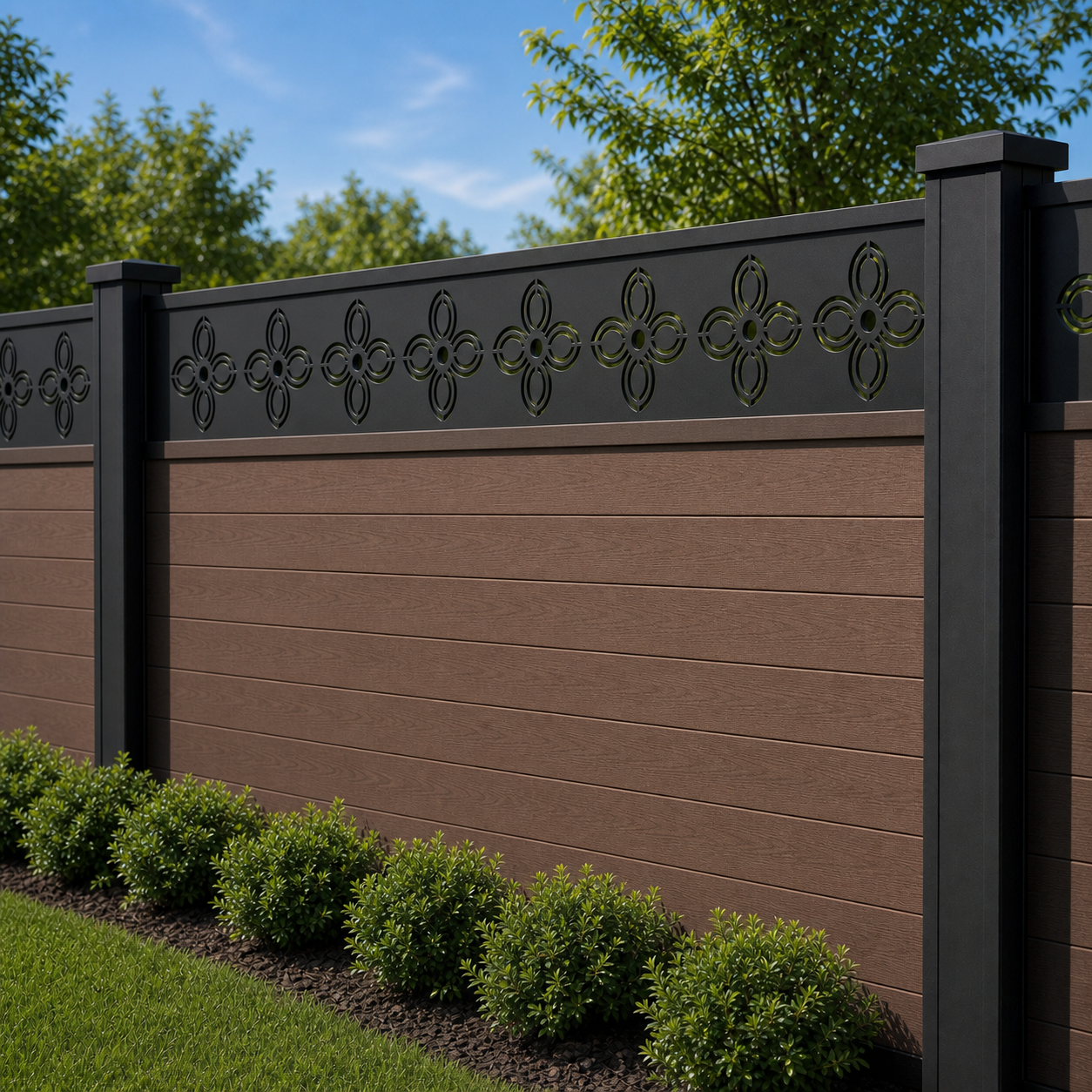 Cross Clover Band laser cut fence extension panel installed on composite fence, angle view, Design 029