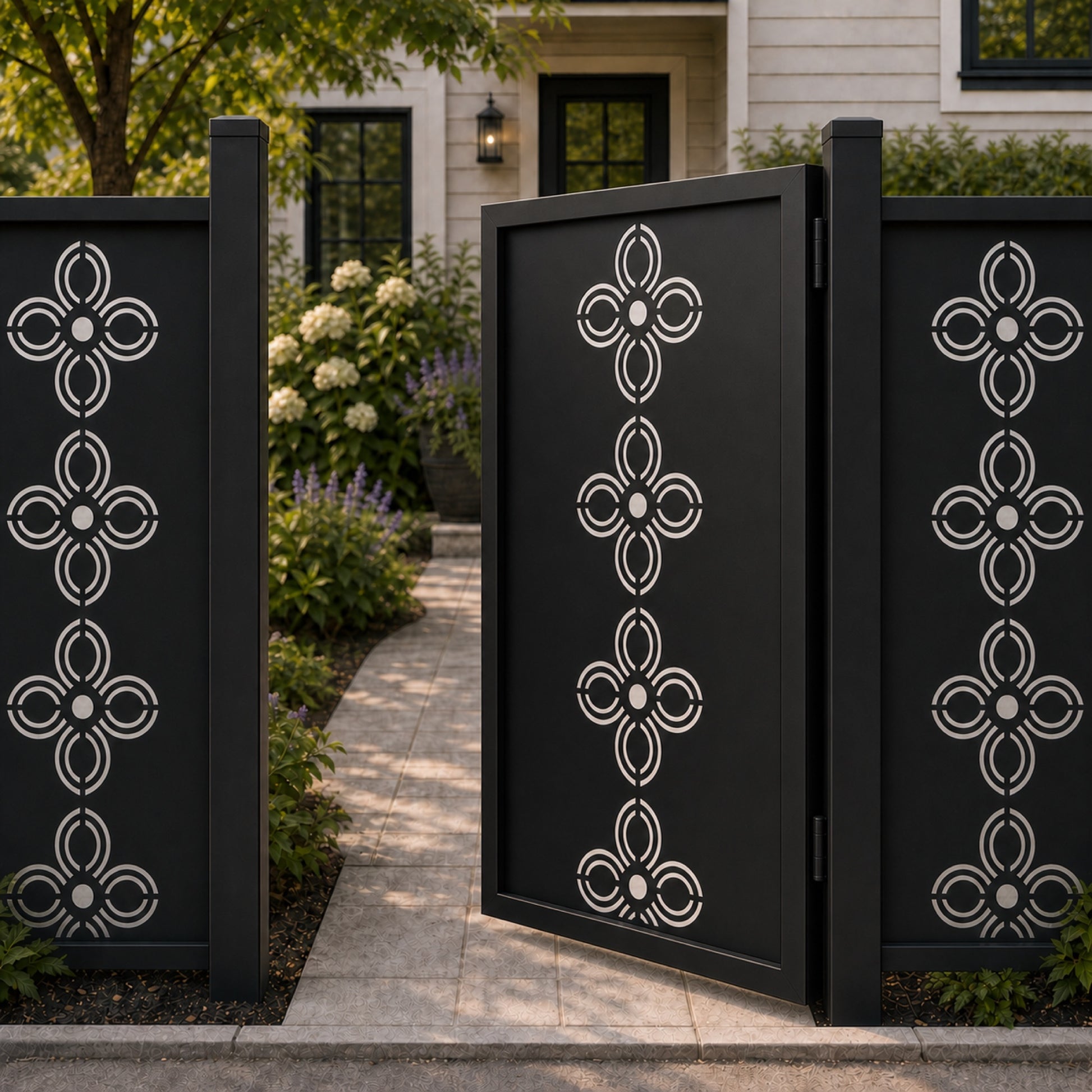 Design 029 four petal concentric arc black aluminium side gate open view