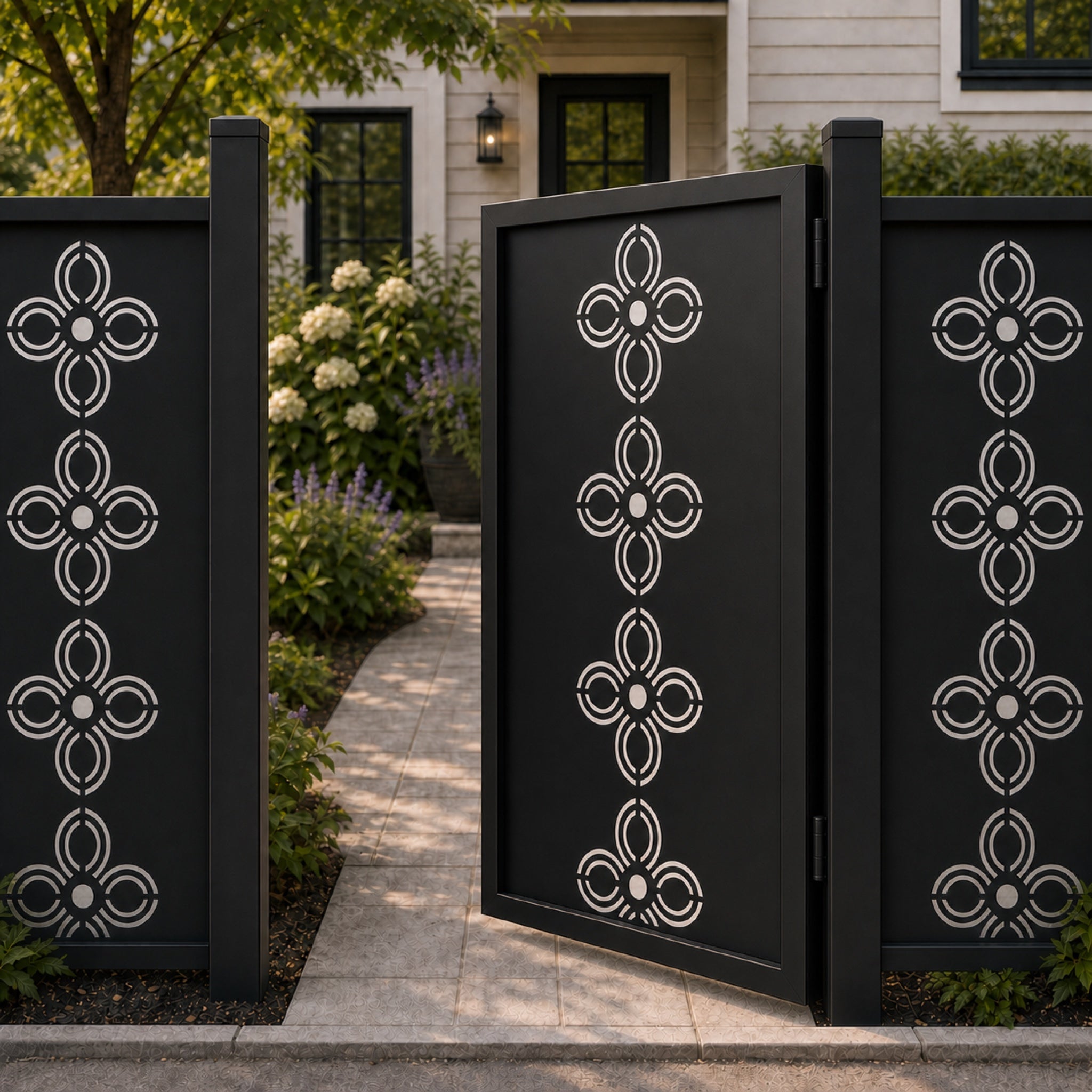 Design 029 four petal concentric arc black aluminium side gate open view