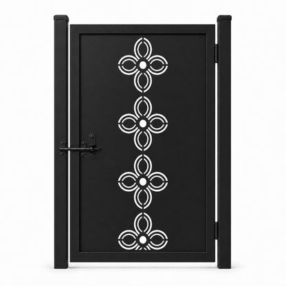 Design 029 four petal concentric arc black laser cut metal pedestrian gate closed view