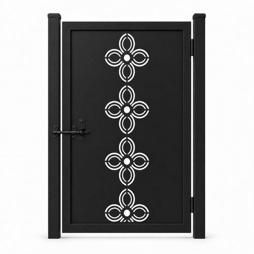 Design 029 four petal concentric arc black laser cut metal pedestrian gate closed view
