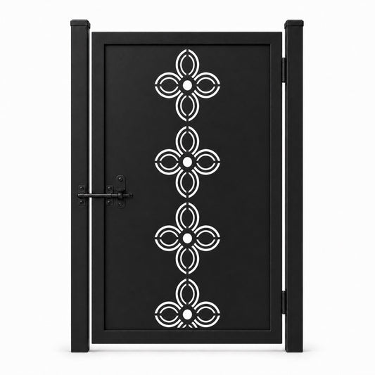 Design 029 four petal concentric arc black laser cut metal pedestrian gate closed view