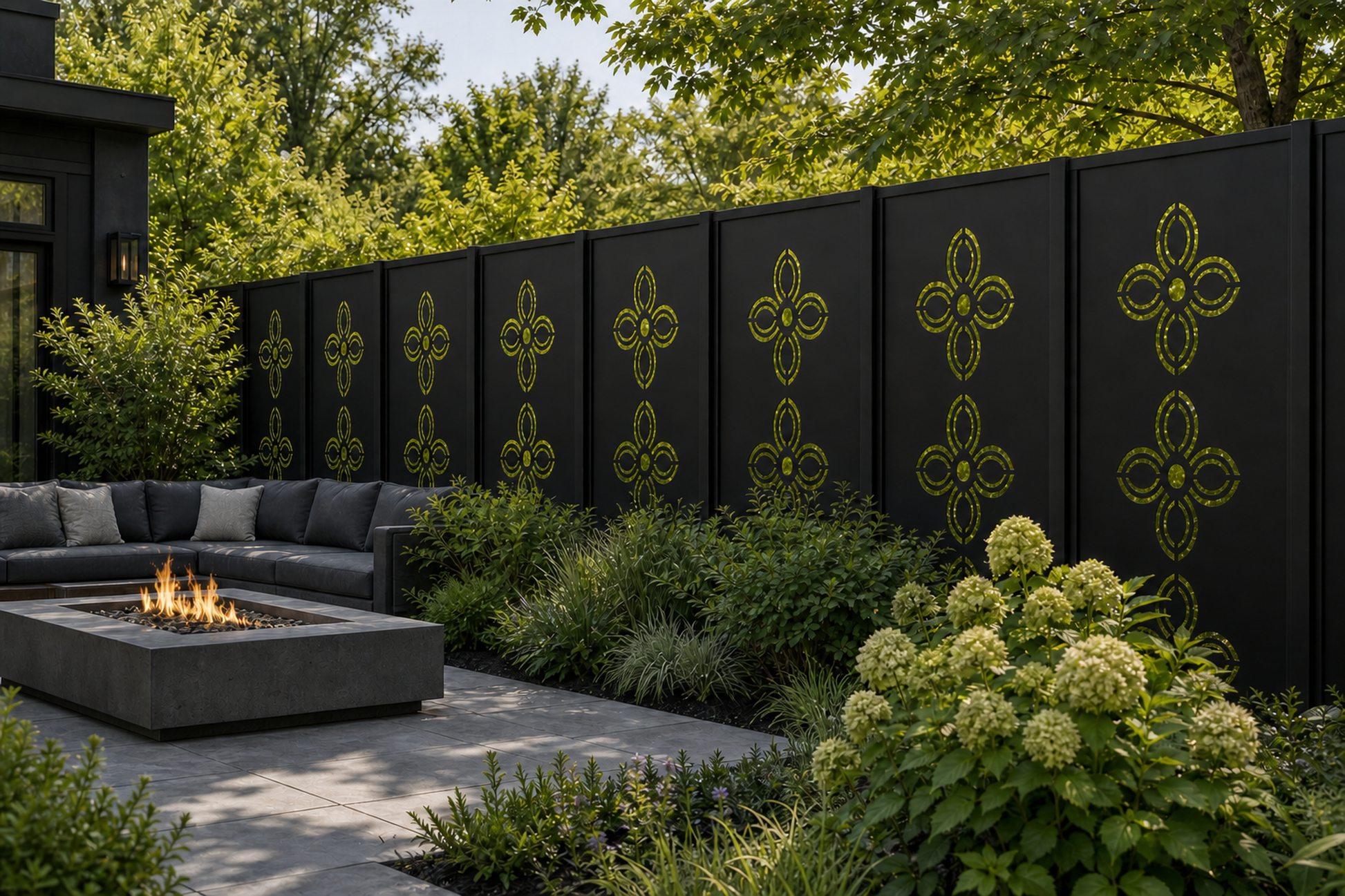 Design 029 Four Petal Flower Laser Cut Metal Privacy Screen Panel installed garden daylight view