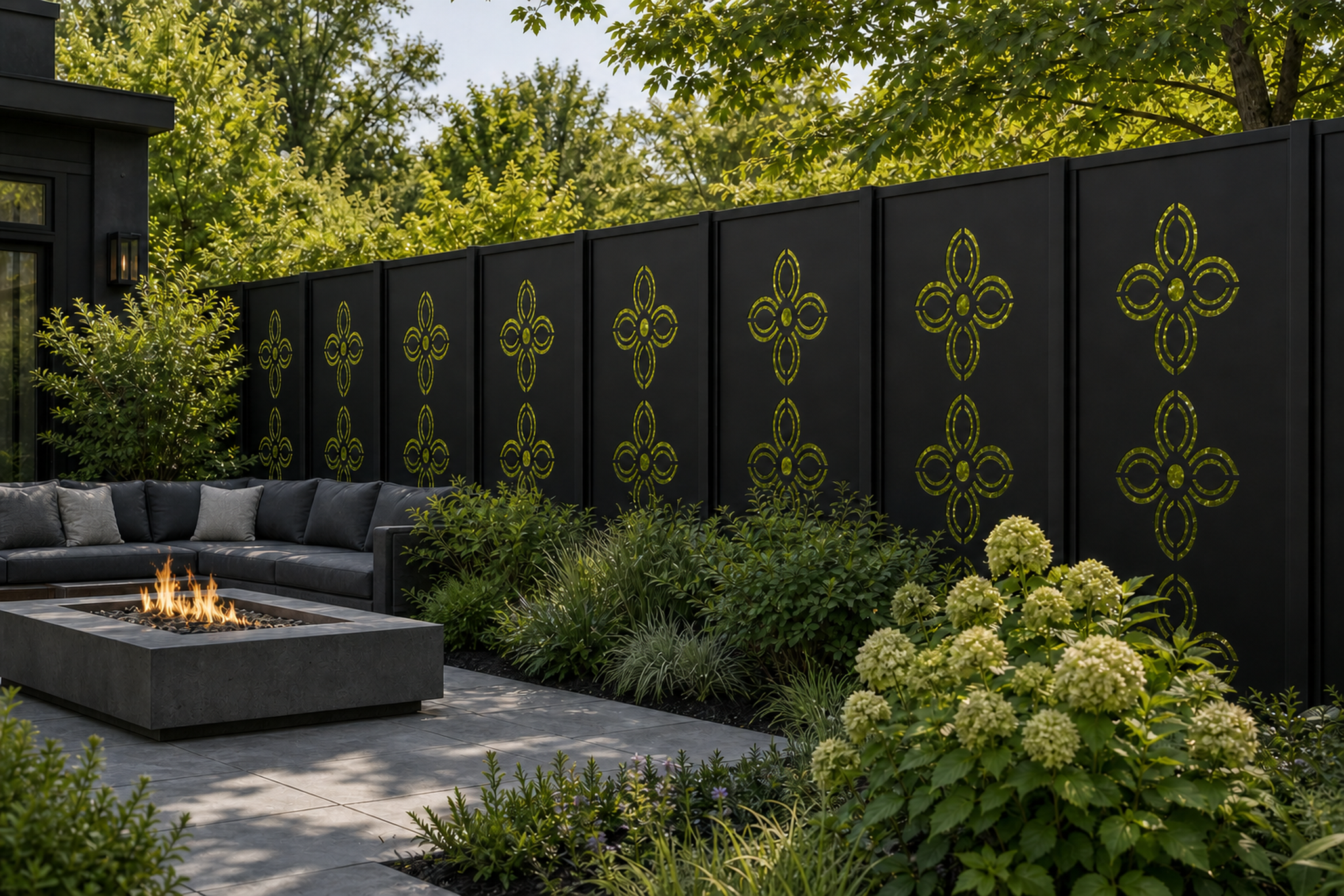 Design 029 Four Petal Flower Laser Cut Metal Privacy Screen Panel installed garden daylight view