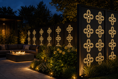 Design 029 Four Petal Flower Laser Cut Metal Privacy Screen Panel installed garden night lighting view
