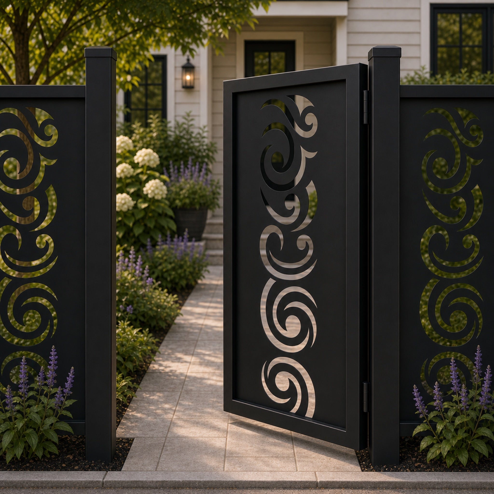 Design 030 large scrollwork spiral black aluminium side gate open view