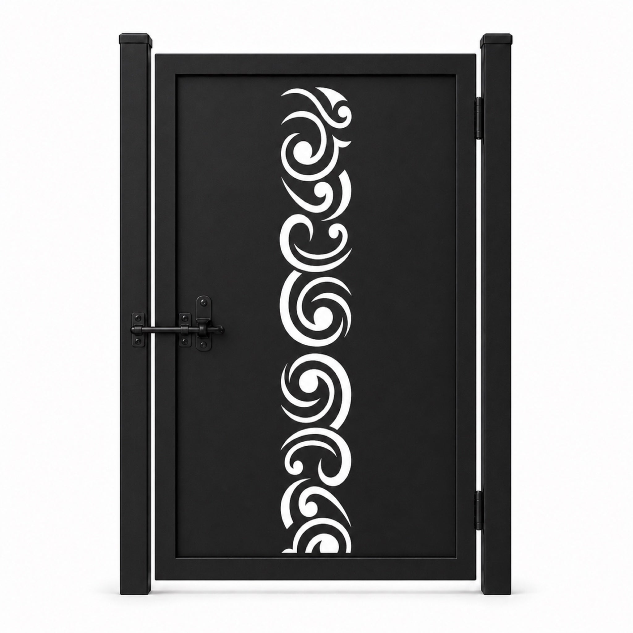 Design 030 large scrollwork spiral black laser cut metal pedestrian gate closed view