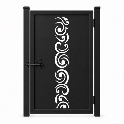 Design 030 large scrollwork spiral black laser cut metal pedestrian gate closed view
