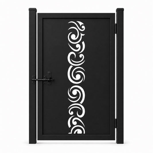 Design 030 large scrollwork spiral black laser cut metal pedestrian gate closed view