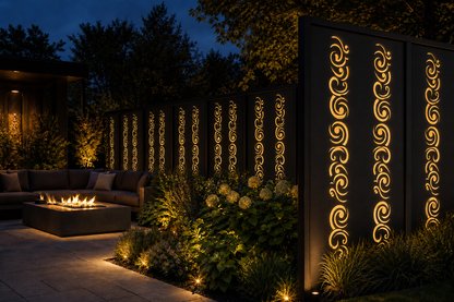 Design 030 Spiral Wave Laser Cut Metal Privacy Screen Panel installed garden night lighting view
