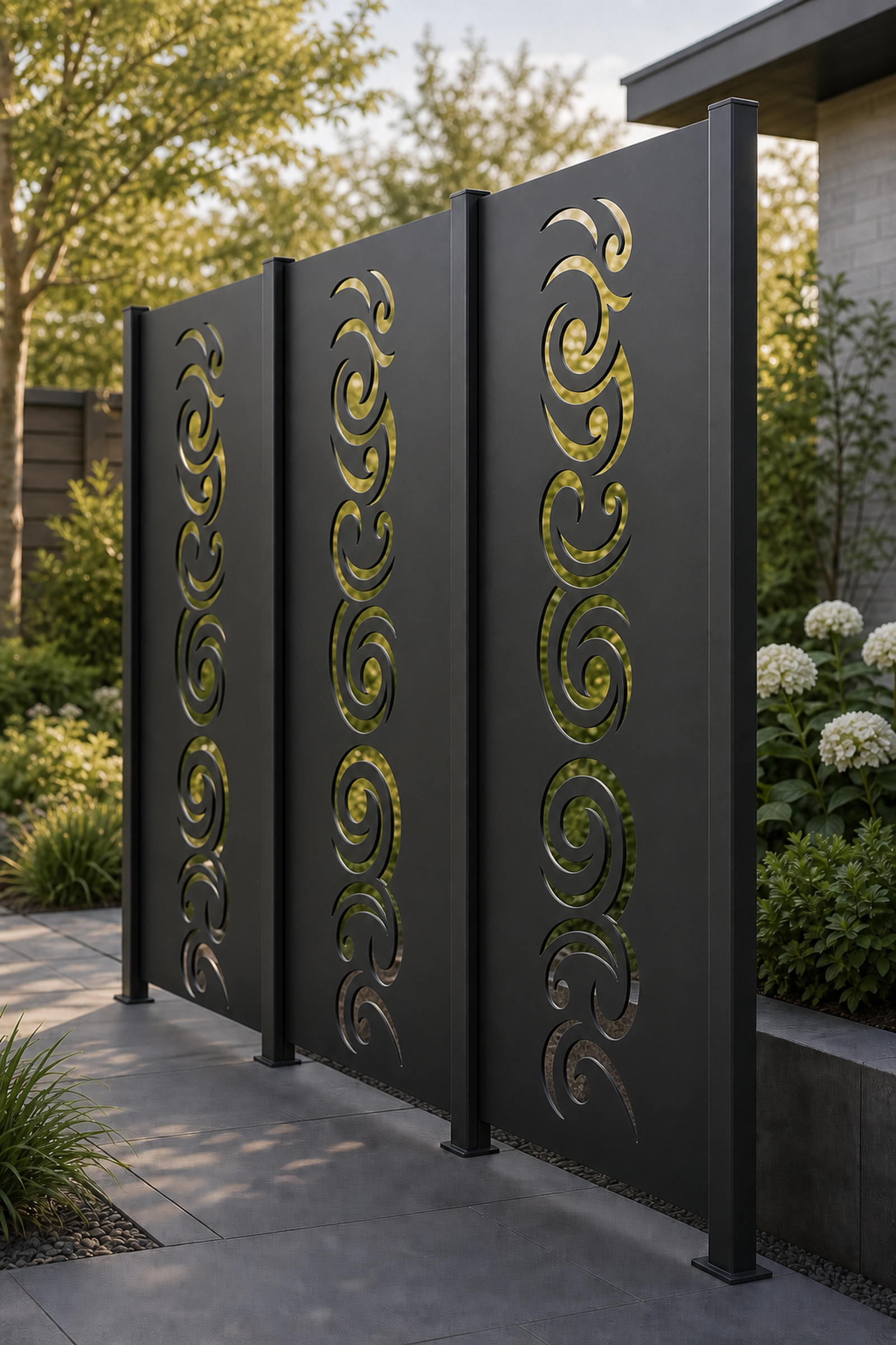 Design 030 Spiral Wave Laser Cut Metal Privacy Screen Panel oblique angle view