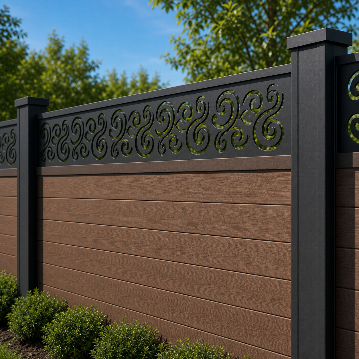 Wave Scroll Rail laser cut fence extension panel installed on composite fence, angle view, Design 030