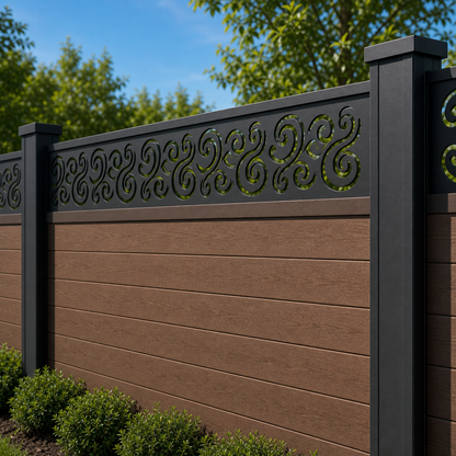 Wave Scroll Rail laser cut fence extension panel installed on composite fence, angle view, Design 030