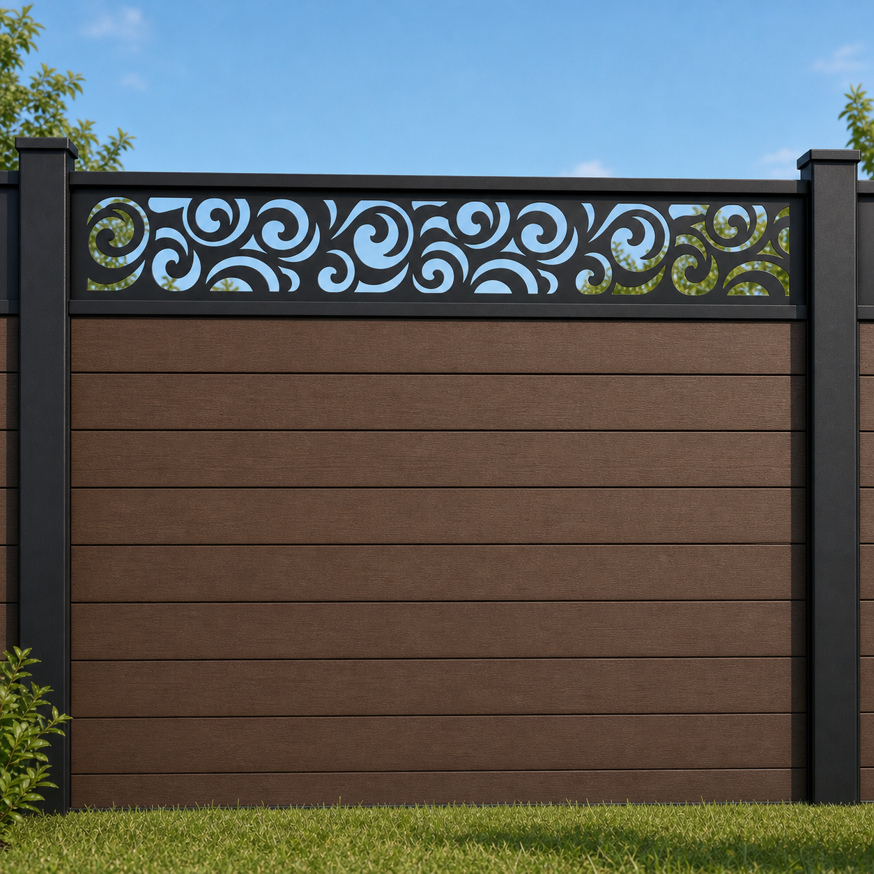 Wave Scroll Rail metal fence topper installed above WPC composite privacy fence, front view, Design 030