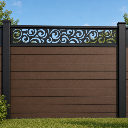 Wave Scroll Rail metal fence topper installed above WPC composite privacy fence, front view, Design 030