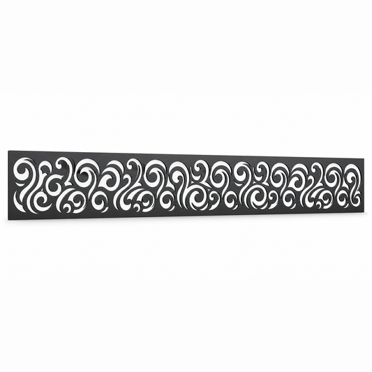 Wave Scroll Rail laser cut metal fence topper insert perspective view, Design 030