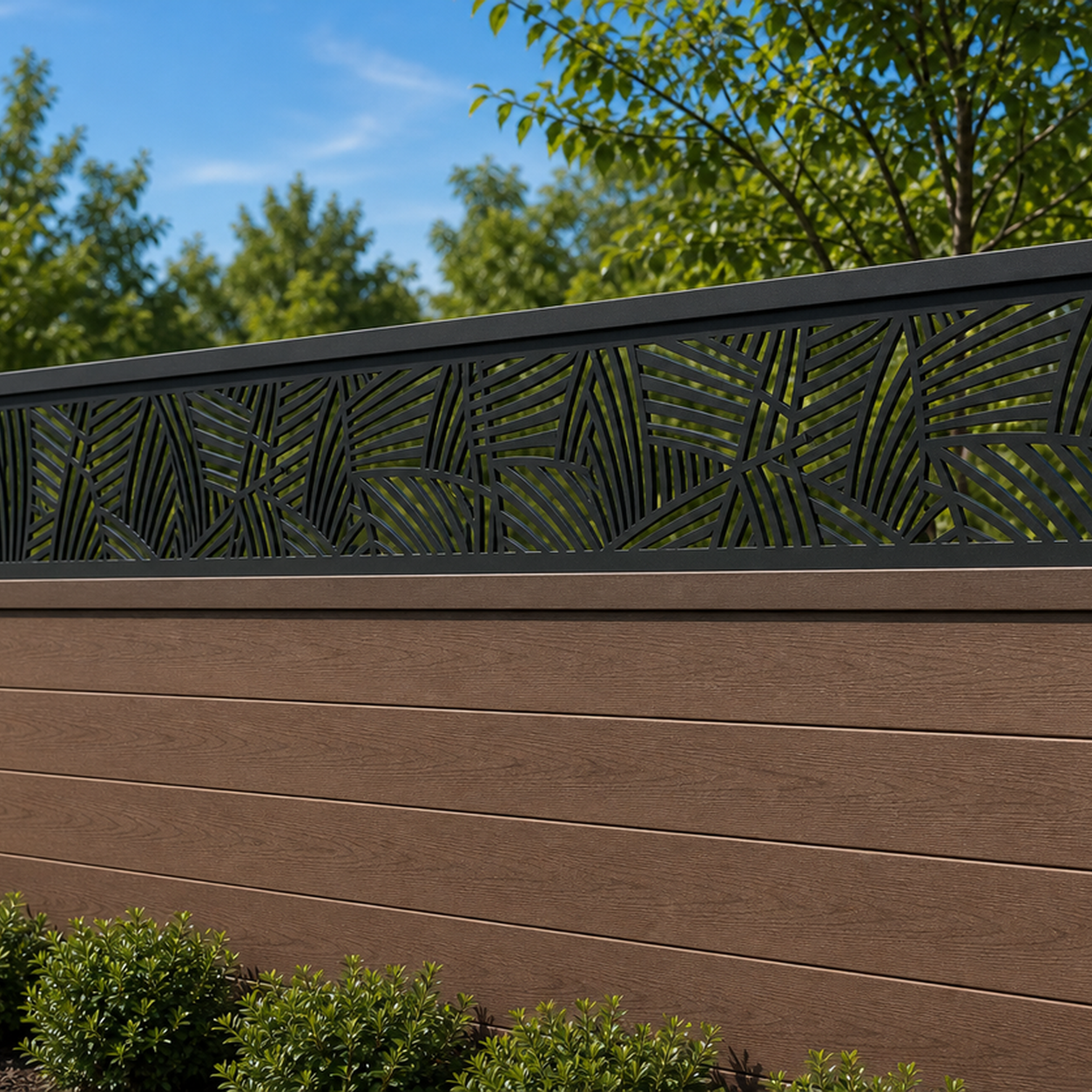 Palm Frond Panel laser cut fence extension panel installed on composite fence, angle view, Design 031