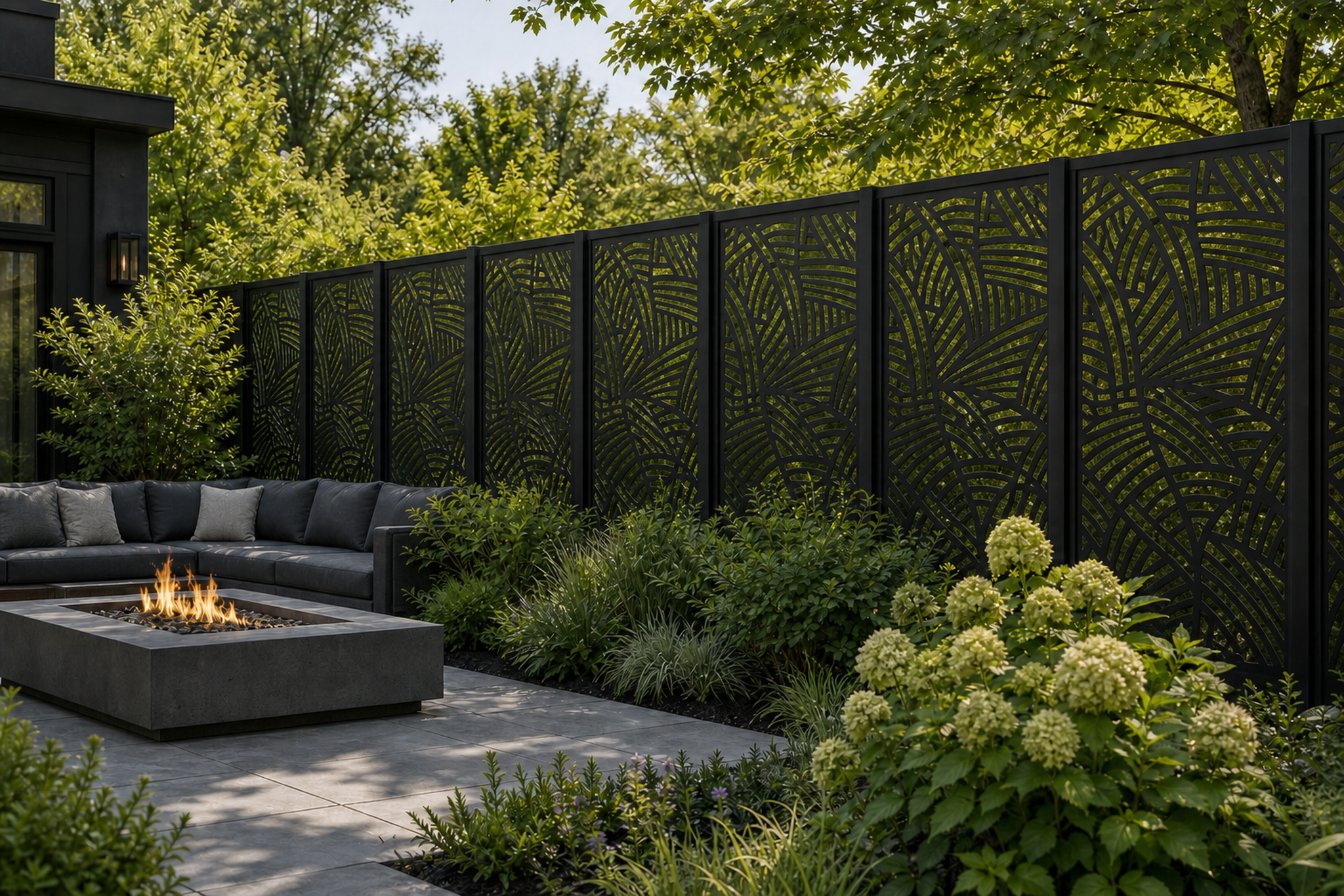 Design 031 Palm Leaf Lines Laser Cut Metal Privacy Screen Panel installed garden daylight view