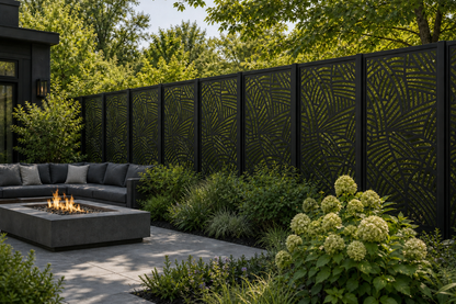 Design 031 Palm Leaf Lines Laser Cut Metal Privacy Screen Panel installed garden daylight view
